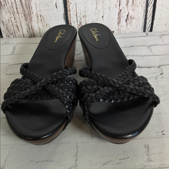 Cole Haan Braided Black Leather Wedge Sandals EUC 8.5 NARROW - Picture 2 of 11